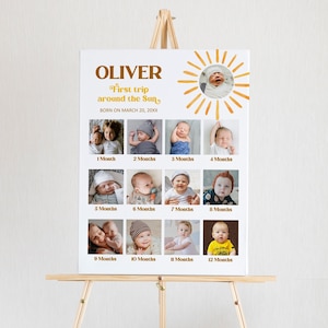 Modèle d'affiche modifiable de panneau d'étape d'anniversaire du soleil, collage de photos, premier voyage autour du soleil, carte d'étape importante, 1er anniversaire, Corjl 0118