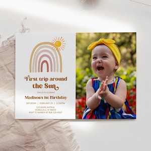 Invito di compleanno modificabile Sunshine First Trip Around the Sun Boho Rainbow Girl Invite modello Corjl stampabile 0118