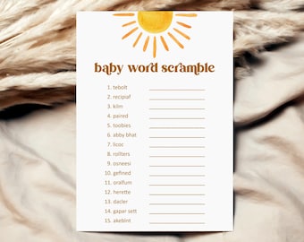 Sun Baby Shower Baby Word Scramble Game Here Comes The Son Retro Boho You are My Sunshine Baby Shower Game Printable NOT Editable 0118