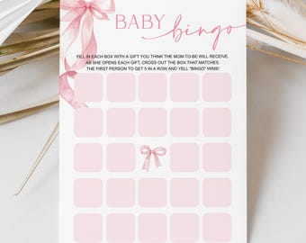 Pink Bow Baby Bingo Cards, Girl Baby Shower Game Printable, Instant Download 0155