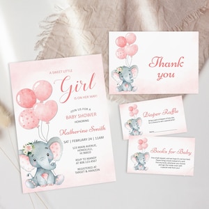 Bearbeitbarer Elefant-Babyparty-Einladungs-Set Rosa Elefant laden Ballons Mädchen kleine Erdnuss-Babyparty-Bundle-Vorlage Corjl 0121 ein