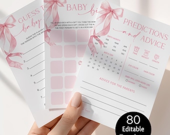 Bewerkbare bundel met spelletjes voor een babyshower met roze strikjes voor meisjes, digitale download, Corjl 0155