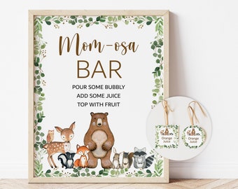 Editable Mom-osa Bar Sign & Juice Tags Woodland Baby Shower Forest Animal Party Decor Printable Corjl 0120