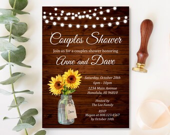 Couple's Shower Invite Rustic Couples Shower Invitation Sunflower Mason Jar Custom Printable Invite Digital File B68