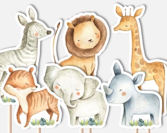 IMPRIMIBLE Safari Jungle Animals Centros de mesa Recorte Cumpleaños Baby Shower Mesa Decoraciones Pastel Topper Pastel de Pañales NO Editable A7 C7