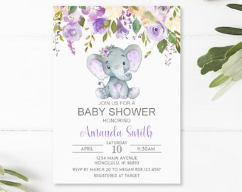 Custom Purple Elephant Baby Shower Invitation Girl Little Peanut