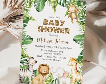 Editable Safari Baby Shower Invitation, Jungle Animals Invite Template, Watercolor Greenery Printable Card, Corjl 0127