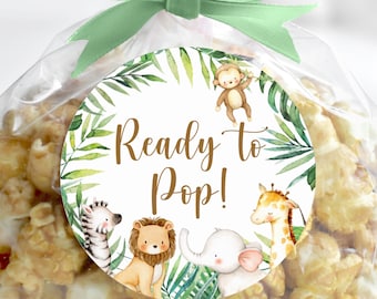 Listo para hacer estallar pegatinas Jungle Baby Shower Jungle Animals Safari Baby Shower Palomitas de maíz Etiquetas Bolsa Etiquetas Favor Etiquetas Imprimibles NO Editables 0127