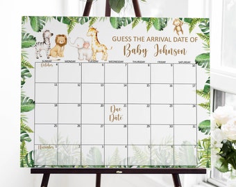 Editable Safari Jungle Baby Shower Baby Due Date Calendar Game, Guess Baby's Birthday Game, Corjl 0127