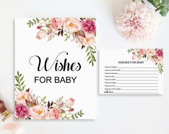 Wishes for Baby Cards Pink Floral Boho Baby Shower Game Baby Shower Activity Baby Wish Cards Advice Printable NOT Editable C24