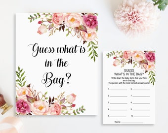 Guess What's In The Bag Game Pink Floral Boho Baby Shower Game Printable Guess What's In The Diaper Bag NOT Editable C24