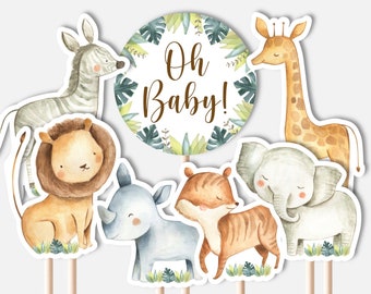 AFDRUKBARE Safari Jungle Dieren Centerpieces Knipsel Luier Taart Baby Douche Tafeldecoraties Oh Baby Taart Topper NIET bewerkbare C7