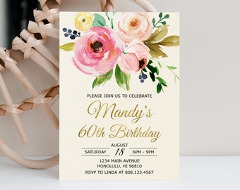 60th Birthday Invitations for Women Surprise 60th Invite Sixty and Fabulous Invite Floral Birthday Cheers to 60 Years Gold Foil A32