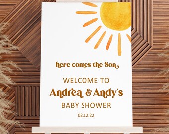 Custom Sun Baby Shower Welcome Sign, Here Comes The Son, Boho Sunshine Baby Shower Welcome Poster Printable 0118