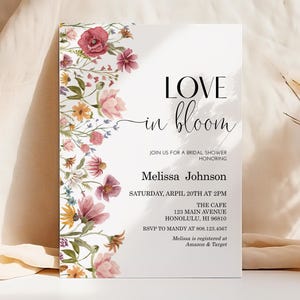 Invitación editable "Amor en Flor" para despedida de soltera con flores silvestres. Plantilla imprimible, descarga digital (Corjl 0123).