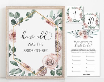 How old was the Bride to be game Boho Bridal Shower Game Printable Dusty Rose Floral Guess Bride Age Picture Game NOT Editable B98