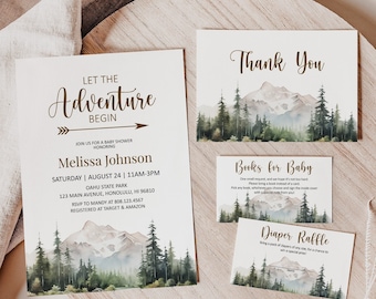 Editable Let the Adventure Begin Forest Baby Shower Invitation Set Mountain Baby Shower Invite Bundle Printable Template Corjl 0124