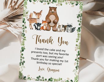 Biglietto di ringraziamento per compleanno a tema bosco modificabile, modello di biglietto di auguri per compleanno con animali selvatici del bosco stampabile Corjl 0120