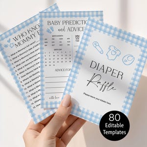 May include: Baby shower game cards with a blue gingham border. The cards include "Who Knows Mommy" questions, a baby prediction chart, and a "Diaper Raffle" card. The image also includes a black circle with the text "80 Editable Templates".