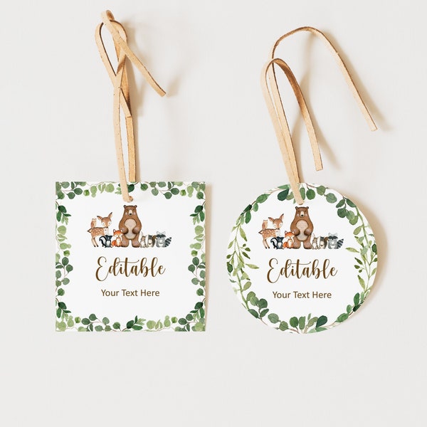 Editable Woodland Animals Thank You Tags Stickers Greenery Woodland Baby Shower Birthday Favor Tags Gift Tags Printable Corjl 0120