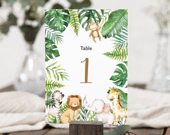 Table Number Cards Jungle Safari Animals Printable Table Numbers 1-20 Baby Shower Birthday Table Number Sign 5x7 NOT Editable A95 C94