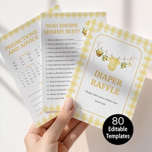 May include: Baby shower game templates with a yellow gingham design. The set includes "Predictions and Advice", "Who Knows Mommy Best?", and a "Diaper Raffle" card. The "Diaper Raffle" card features a lemon and baby clothes illustration.