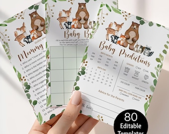 Bewerkbaar pakket met spelletjes voor een babyshower met bosdieren als thema, printbaar spelpakket met groene bosdieren voor een jongen, Corjl 0120