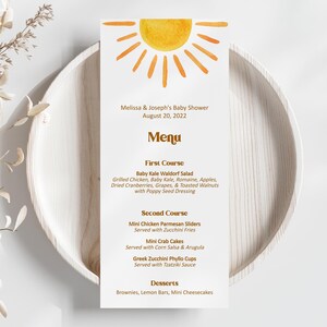 Editable Sun Baby Shower Menu Printable First Trip Around The Sun Birthday Boho Sunshine Birthday Party Menu Card Corjl 0118