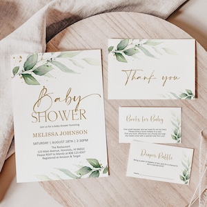 Editable Greenery Baby Shower Invitation Set Eucalyptus Baby Shower Invite Bundle Printable Template Corjl 0133