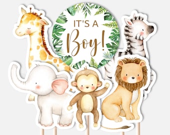 IMPRIMIBLE Jungle Animals Centerpieces Jungle Baby Shower Es un niño Safari Pañal Pastel Decoraciones Cake Topper NO Editable C94