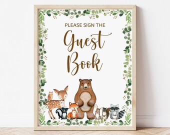 Livre d'or signe animaux des bois verdure forêt des bois baby shower Decor décorations d'anniversaire des bois imprimables, pas modifiables 0120