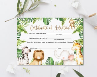 Adopt an Animal Adoption Certificate Safari Birthday Safari Animals Wild One Zoo Jungle Animals Birthday Printable  0127