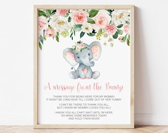 Elephant Message From The Bump Sign Girl Elephant Baby Shower Blush Pink Floral Little Peanut Baby Shower Sign Printable NOT Editable 0121