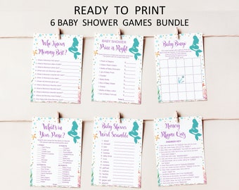 Mermaid Baby Shower Spiele Bundle Druckbar unter dem Meer Baby Shower Spiele Paket Lila & Teal 6 Spiele Printable NICHT bearbeitbar C71