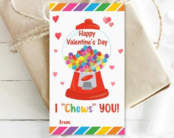 Kids Valentine Tag Bubble Gum Valentines Day Gift Tag I Chews You Gumball Valentine Gifts for School Classmates Printable NOT Editable