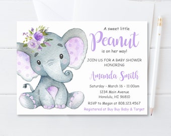 Custom Little Peanut Baby Shower Invitation Girl Elephant Baby Shower Invitation Pastel Purple Floral Baby Shower Invite Digital File C67