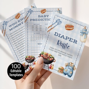 May include: Baby shower game templates with a barbecue theme. The designs include "Who Knows Mommy", "Baby Prediction", and "Diaper Raffle" cards. The cards feature illustrations of hot dogs, baby bottles, and a barbecue grill. The text "100 Editable Templates" is also visible.