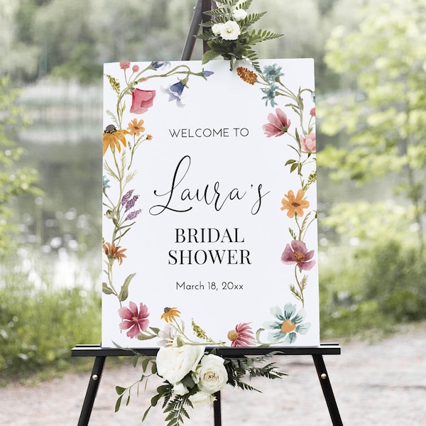 Panneau de bienvenue modifiable pour la douche nuptiale de fleurs sauvages, décor de douche imprimable, modèle d'affiche de bienvenue floral coloré, Corjl 0123