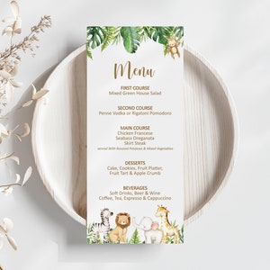 Edytowalne menu Safari w dżungli do wydrukowania Safari Baby Shower Brunch Safari Urodziny Wild One Menu urodzinowe Szablon karty Corjl 0127