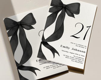 Editable Black Bow Birthday Invitation Template, Coquette 21st Birthday, Trendy Black Ribbon Invite (Any Age) Corjl 0155