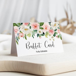Carte de nourriture de buffet modifiable floral rose étiquette de nourriture signe de nourriture carte de tente de table modèle de carte de marque Corjl A80 B80 C80