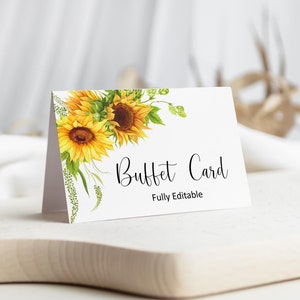 Cartão de comida de buffet editável de girassol, etiqueta de mesa, cartão de tenda de comida, modelo de cartão de lugar, corjl 0132