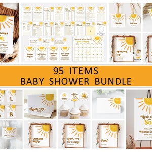 Editable Sun Baby Shower Bundle Here Comes The Son Baby Shower Boho Sunshine Baby Shower Games Bundle Printable Corjl 0118