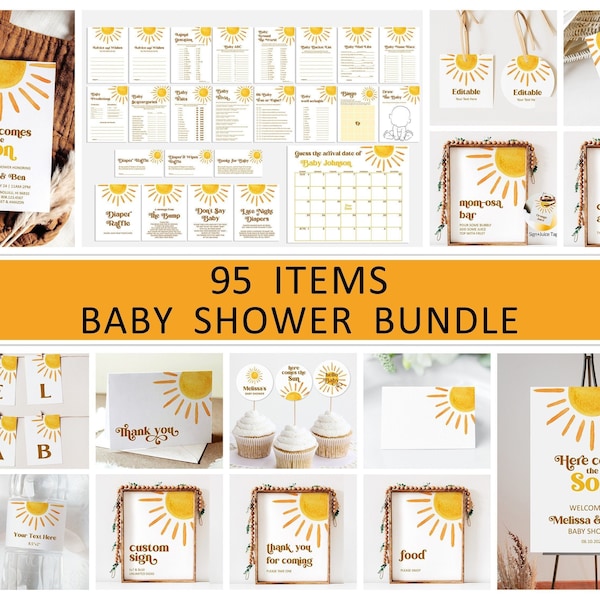 Editable Sun Baby Shower Bundle Here Comes The Son Baby Shower Boho Sunshine Baby Shower Games Bundle Printable Corjl 0118