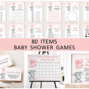 Editable Elephant Baby Shower Games Bundle Pink Elephant Girl Baby Shower Pink Balloon Little Peanut Baby Shower Games Printable Corjl 0121