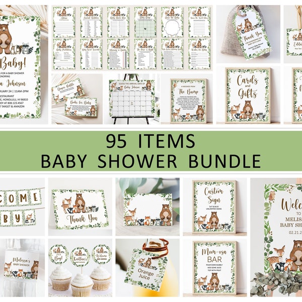 Editable Woodland Baby Shower Bundle Forest Animal Baby Shower Invitation Games Signs Decor Printable Template Corjl 0120