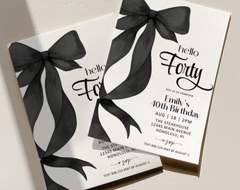 Editable 40th Birthday Invite, Black Bow Coquette Birthday Invitation Template (Any Age) Corjl 0155