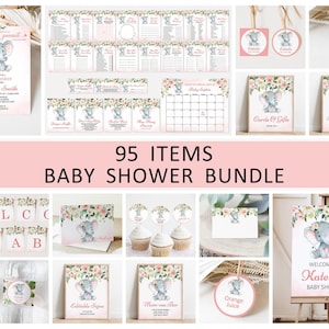 Editable Elephant Baby Shower Bundle Pink Elephant Invitation Little Peanut Baby Shower Package Games Welcome Sign Printable Corjl 0121