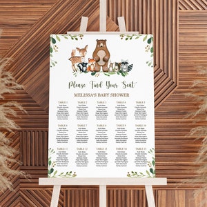 Bewerkbare tabel met zitplaatsen voor bosdieren Bos babyshower Wilde bosvrienden eerste verjaardag tekensjabloon Corjl 0120