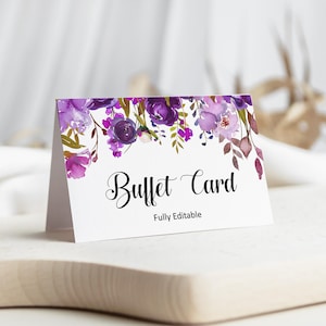 Carte de nourriture de buffet modifiable floral violet étiquette de nourriture signe de nourriture carte de tente de table modèle de carte de marque Corjl A73 B71 C68